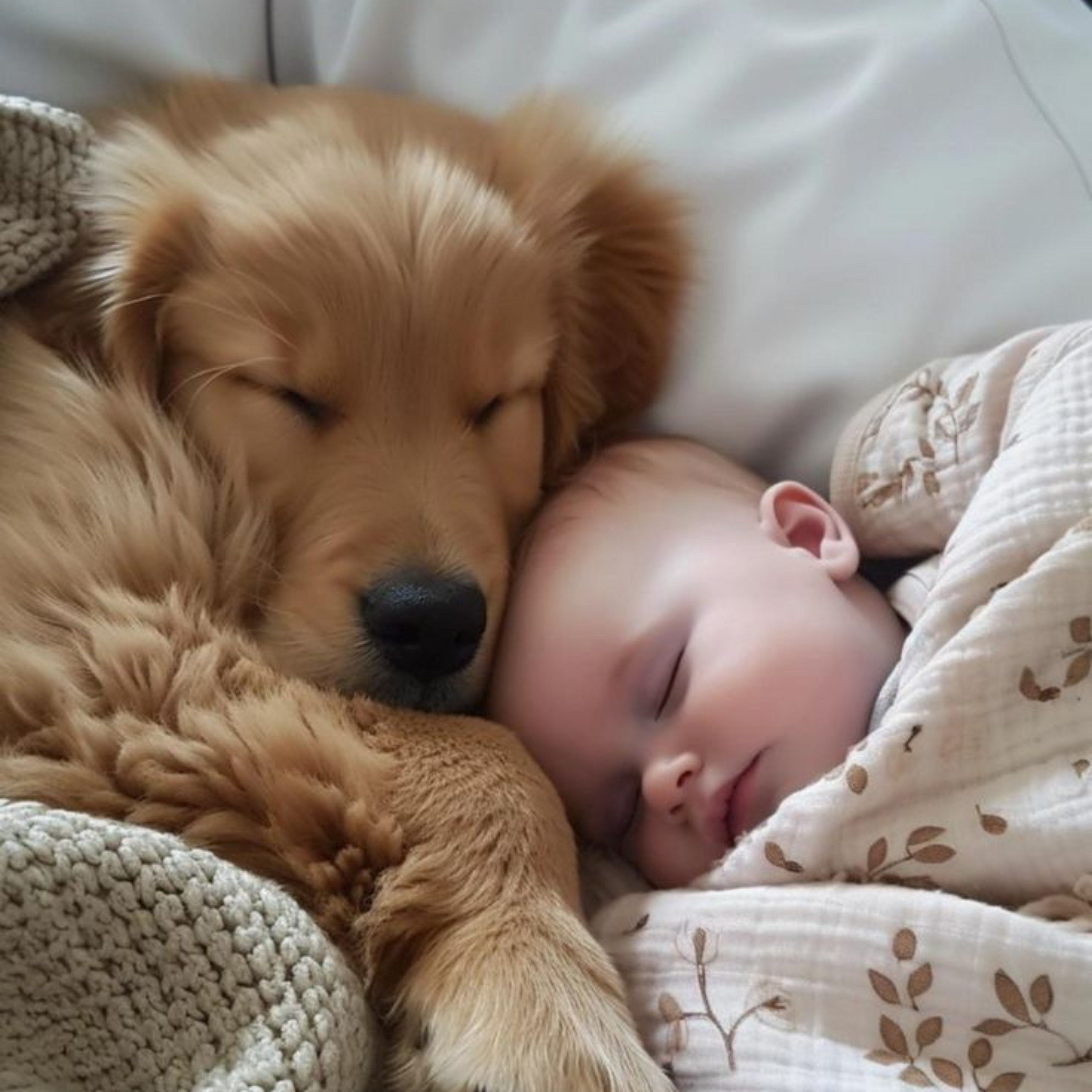A golden retriever puppy napping beside a sleeping baby