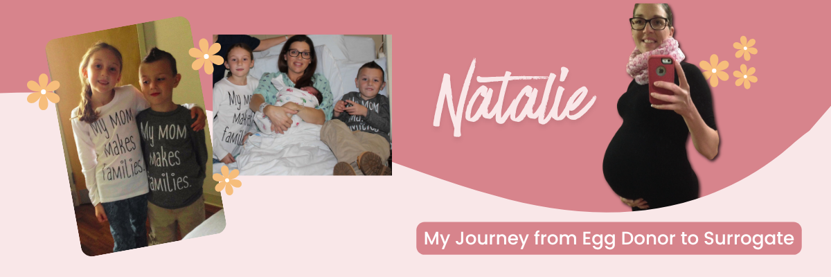 Natalie with her two children in “My Mom Makes Families” shirts, holding the baby she carried in the hospital, and pregnant during her surrogacy journey